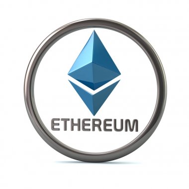 Ethereum sanal cripto para birimi simgesi 3d resimde beyaz zemin üzerine mavi