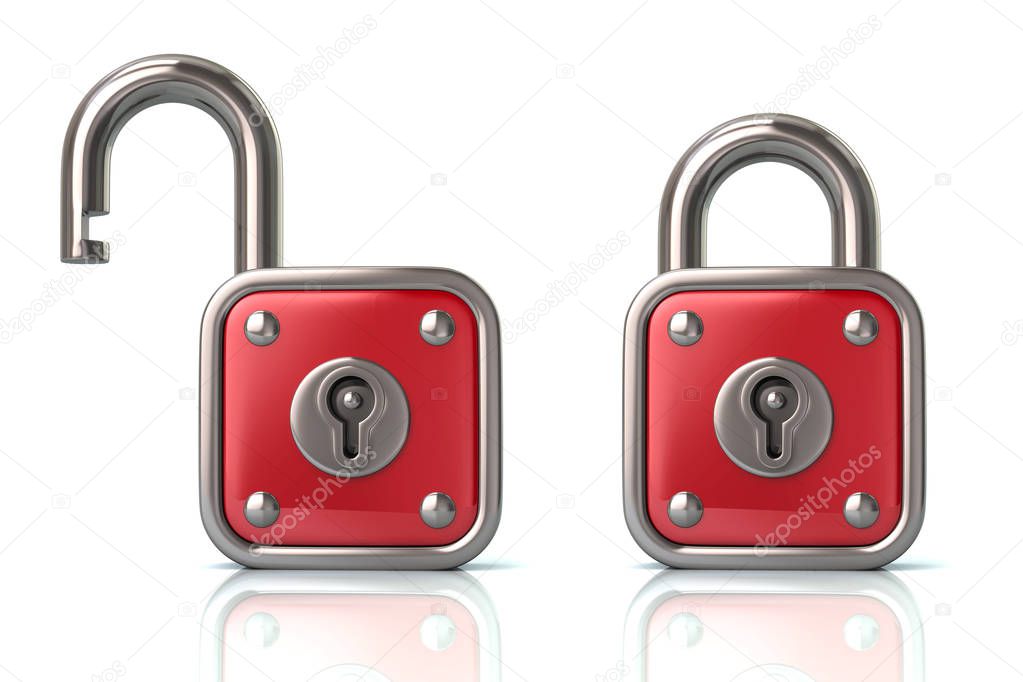 Red lock and unlock padlock on white background