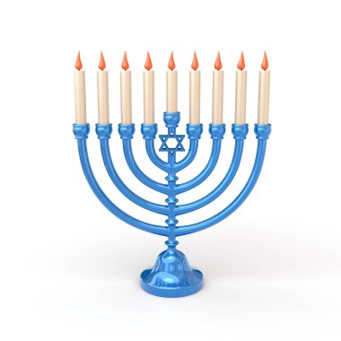 Mavi Hanuka Menorah ve mumlar 3 boyutlu illüstrasyon