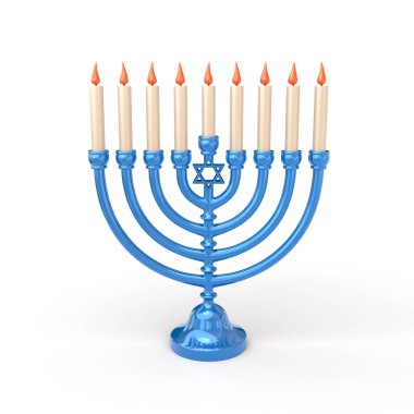 Blue Hanukkah Menorah with candles 3d illustration clipart