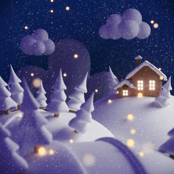 Yeni yıl ve Noel tatili konsepti için az bir geçmiş. Geceleri ağaç ve karla kaplı kış köyü manzarası. 3d resimleme.