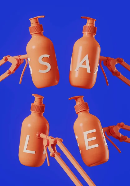 Ürün satışı için kozmetik ve güzellik geçmişi. Mercan kozmetik şişesinde ayarlanabilir kelepçe ve mavi arka planlı beyaz 