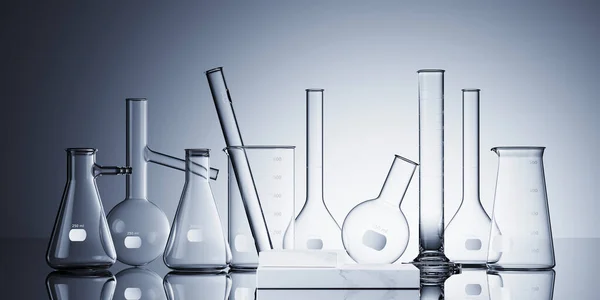 Markalaşma ve ürün sunumu için minimum arkaplan. Beyaz mermer kürsü ve beyaz arka planda laboratuvar camları. 3d resimleme.