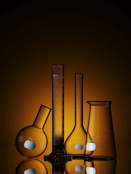 Tıbbi ve bilimsel konsept için minimum bileşim. Sıcak sarı arka planda bir takım laboratuvar camları..