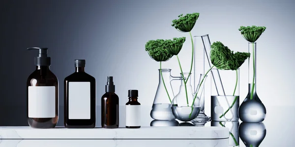 Doğal ve organik konsept için minimum kozmetik bileşim. Beyaz mermer kürsüde kozmetik şişesi. Beyaz arka planda yeşil yapraklar, laboratuvar camları. 3d resimleme.