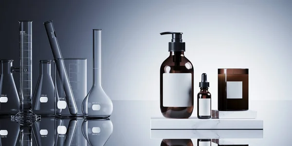 Markalaşma ve ürün sunumu için minimum arkaplan. Beyaz mermer kürsüde kozmetik şişesi. Beyaz arka planda laboratuvar cam seti. 3d resimleme.