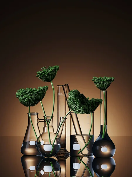 Doğal ve organik konsept için minimum kozmetik bileşim. Sarı arka planda yeşil yapraklar laboratuvar cam takımında. 3d resimleme.