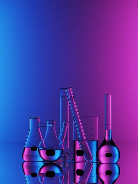 Tıbbi ve bilimsel konsept için minimum bileşim. Mavi ve morumsu neon ışıklı arka planda laboratuvar camları var. 3d resimleme.