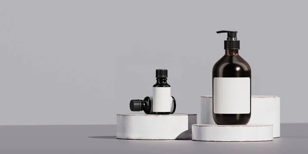 Marka ve ambalaj sunumu için en düşük arkaplan. Beyaz seramik podyumda gri arka planda kozmetik şişesi. 3d resimleme.