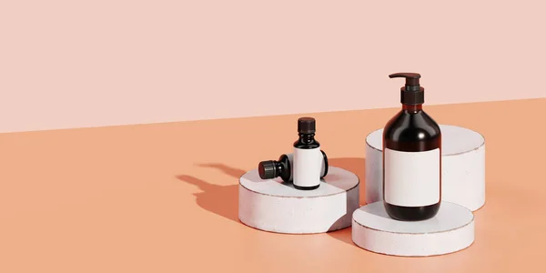 Marka ve ambalaj sunumu için en düşük arkaplan. Beyaz seramik podyumda turuncu arka planda kozmetik şişesi. 3d resimleme.
