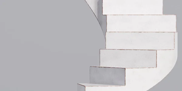 Markalaşma için soyut arkaplan ve minimum sunum. Gri arka planda beyaz seramik spiral merdiven. 3d resimleme.