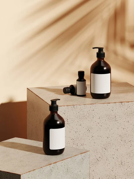 Markalaşma için soyut arkaplan ve minimum sunum. Yeryüzündeki kozmetik şişesi. Renkli seramik geometri şekli. 3d resimleme.