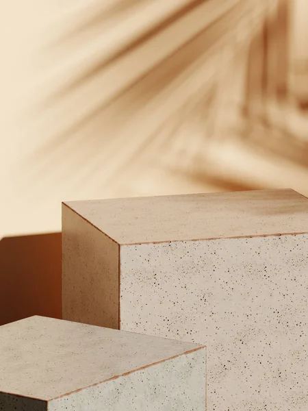 Markalaşma için soyut arkaplan ve minimum sunum. Yeryüzündeki kozmetik şişesi. Renkli seramik geometri sahnesi. Yaprağın gölgesi de var. 3d resimleme.