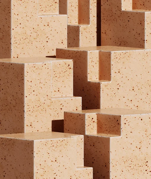 Markalaşma için soyut arkaplan ve minimum sunum. Bej renkli seramik geometri podyumu. 3d resimleme.