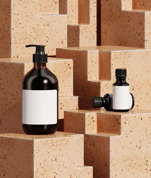 Markalaşma için soyut arkaplan ve minimum sunum. Bej renkli seramik geometri podyumunda kozmetik şişesi. 3d resimleme.