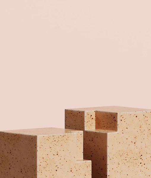 Markalaşma için soyut arkaplan ve minimum sunum. Bej renkli seramik geometri podyumu bej arka planda. 3d resimleme.