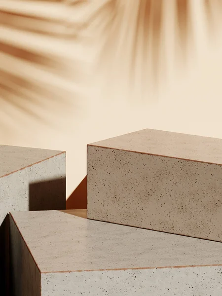 Markalaşma için soyut arkaplan ve minimum sunum. Yeryüzündeki kozmetik şişesi. Renkli seramik geometri sahnesi. Yaprağın gölgesi de var. 3d resimleme.