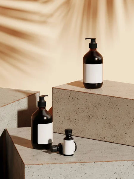 Markalaşma için soyut arkaplan ve minimum sunum. Yeryüzündeki kozmetik şişesi. Renkli seramik geometri sahnesi. Yaprağın gölgesi de var. 3d resimleme.