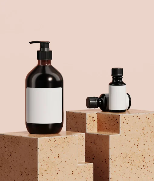 Markalaşma için soyut arkaplan ve minimum sunum. Bej renkli seramik geometri podyumunda bej arka planda kozmetik şişesi. 3d resimleme.