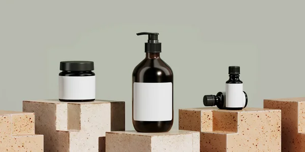 Markalaşma için soyut arkaplan ve minimum sunum. Bej renkli seramik geometri podyumunda yeşil arka planda kozmetik şişesi. 3d resimleme.