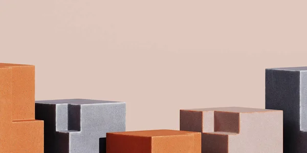 Markalaşma için soyut arkaplan ve minimum sunum. Bej arka planda Pastel renkli seramik geometri podyumu. 3d resimleme.