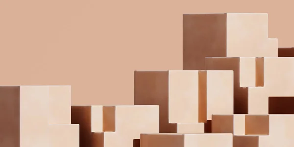 Markalaşma için soyut arka plan ve minimum sunum. Bej arka planlı bej çimento geometri podyumu. 3d resimleme.