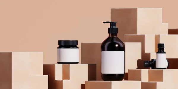Streszczenie Tła Dla Brandingu Minimalna Prezentacja Butelka Kosmetyczna Beżowym Podium — Zdjęcie stockowe