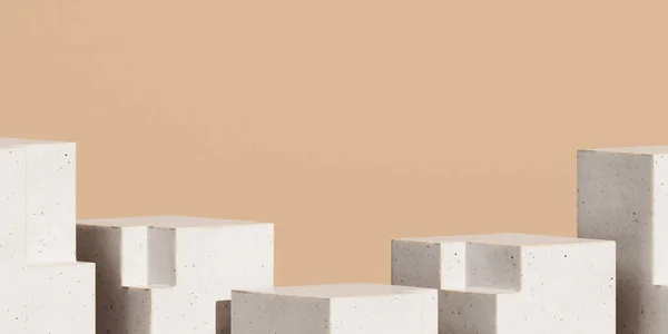 Markalaşma için soyut arkaplan ve minimum sunum. Bej arka planda beyaz seramik geometri podyumu. 3d resimleme.