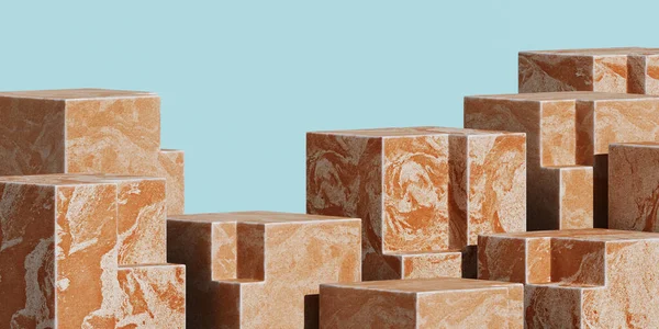 Markalaşma için soyut arkaplan ve minimum sunum. Mavi arka planlı terracotta geometri podyumu. 3d resimleme.