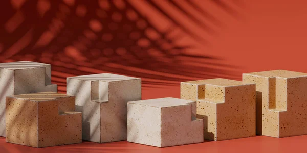 Markalaşma için soyut arkaplan ve minimum sunum. Kırmızı zemin üzerinde yaprak gölgesi olan seramik geometri podyumu. 3d resimleme.