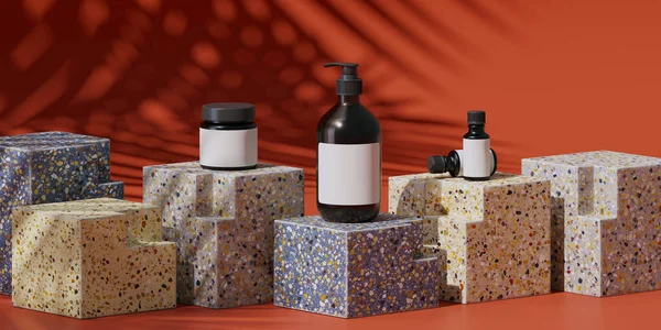 Markalaşma için soyut arkaplan ve minimum sunum. Terrazzo geometri podyumunda kırmızı arka planda yaprakların gölgesi olan kozmetik şişesi. 3d resimleme.