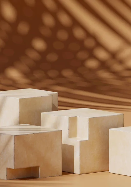 Markalaşma için soyut arkaplan ve minimum sunum. Kahverengi arka planda, yaprağın gölgesi ile Dünya tonu çimento geometri podyumu. 3d resimleme.