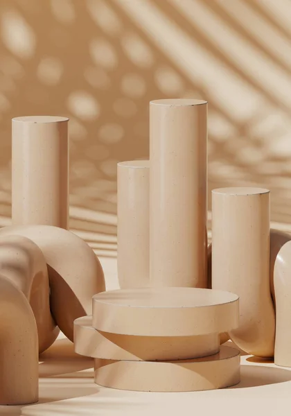Markalaşma için soyut arkaplan ve minimum sunum. Bej arka planda bej seramik geometri podyumu ve yaprak gölgesi. 3d resimleme.