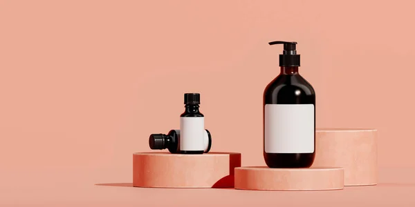 Marka ve ambalaj sunumu için en düşük arkaplan. Mercan zeminli mercan podyumunda kozmetik şişesi. 3d resimleme.