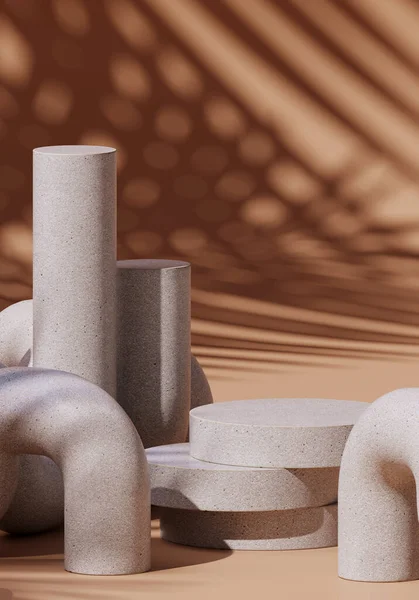 Markalaşma için soyut arkaplan ve minimum sunum. Kahverengi arka planda gri çimento geometri podyumu ve yaprak gölgesi. 3d resimleme.