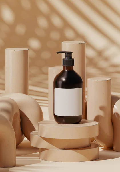 Markalaşma için soyut arkaplan ve minimum sunum. Bej seramik geometri podyumunda kozmetik şişe, bej arka planda yaprak gölgesi. 3d resimleme.