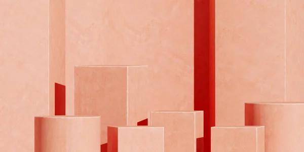 Marka ve ambalaj sunumu için en düşük arkaplan. Mercan zeminli mercan podyumu. 3d resimleme.