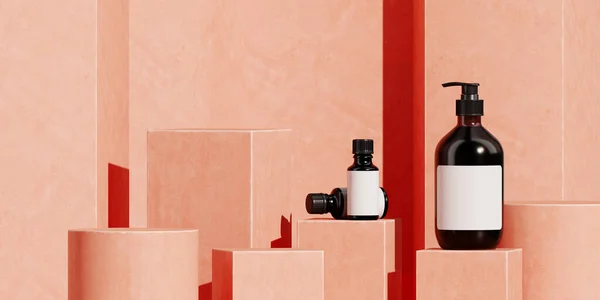 Marka ve ambalaj sunumu için en düşük arkaplan. Mercan zeminli mercan podyumunda kozmetik şişesi. 3d resimleme.