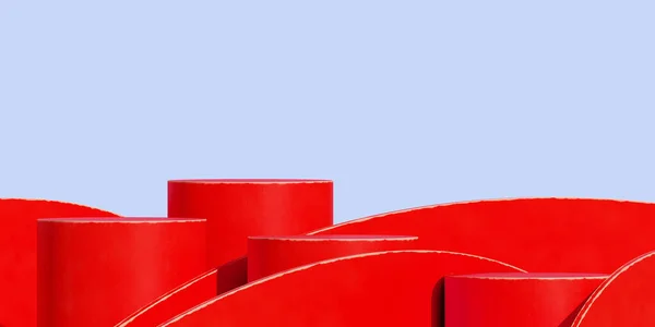 Marka ve ambalaj sunumu için en düşük arkaplan. Mavi arka planı olan kırmızı podyum. 3d resimleme.