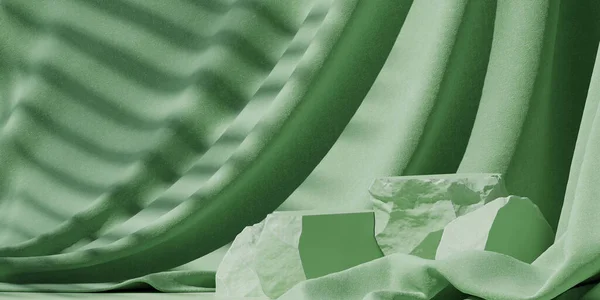 Markalaşma ve ürün sunumu için minimum arkaplan. Yeşil podyum çimento, yeşil kumaş arkaplan ve yaprak gölgesi. 3d resimleme.