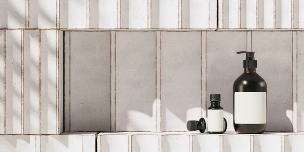 Markalaşma için soyut arkaplan ve minimum sunum. Beyaz seramik geometri çizgili podyumda kozmetik şişesi. 3d resimleme.