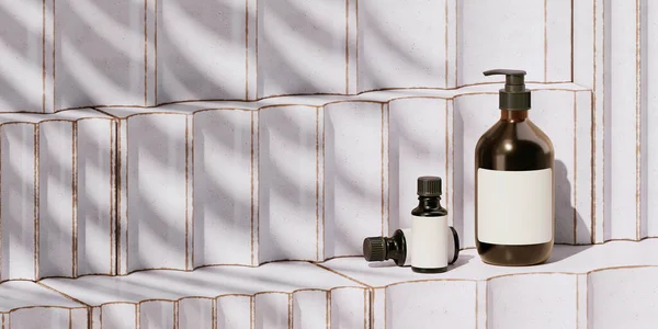 Markalaşma için soyut arkaplan ve minimum sunum. Beyaz seramik geometri çizgili podyumda kozmetik şişesi. 3d resimleme.