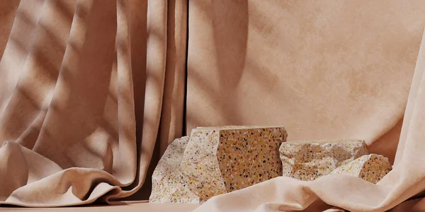 Markalaşma ve ürün sunumu için minimum arkaplan. Bej renkli terrazzo podyumu ve yaprağın gölgesi. 3d resimleme.