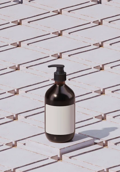 Markalaşma için soyut arkaplan ve minimum sunum. Beyaz kırsal seramik fayans üzerinde kozmetik şişe. 3d resimleme.