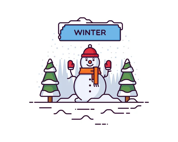 Ilustración Vectorial Invierno Con Muñeco Nieve Árboles — Vector de stock