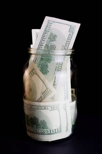 Dollar Bills Glass Jar Black Background Money Savings Jar — Stock Photo, Image