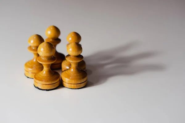 Five old chess pieces of pawns cast a shadow in the form of a queen\'s crown on a white background