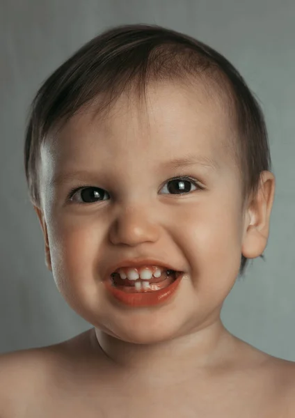 Portrait Cute Laughing Little Boy Gray Background — Stock Photo, Image