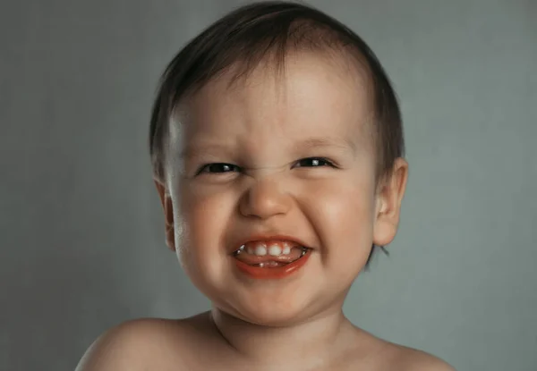 Portrait Cute Laughing Little Boy Gray Background — Stock Photo, Image