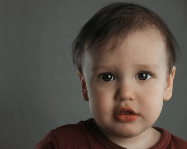 Portrait Cute Little Boy Gray Background — Stock Photo, Image